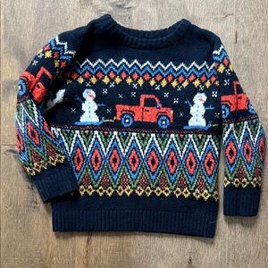 EUC size 2T Old Navy holiday Sweater with Red Truck and Snowman Design